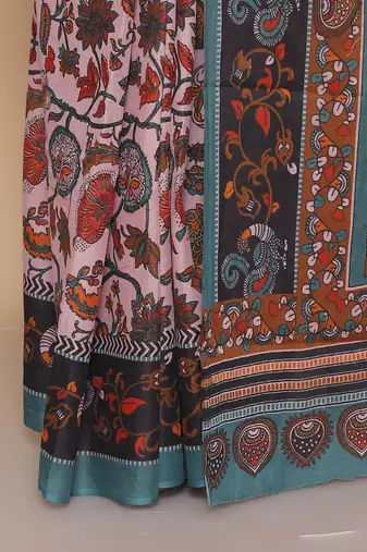 Kalamkari printed  cotton ethnic pink saree for woman