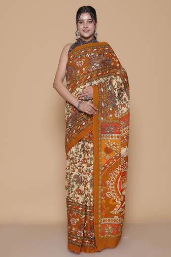 Kalamkari printed pure cotton ethnic orange saree for woman