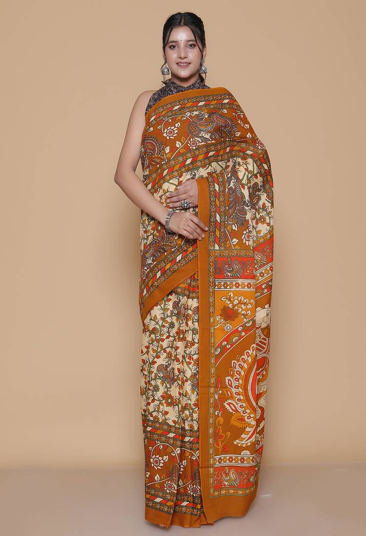 Kalamkari printed pure cotton ethnic orange saree for woman
