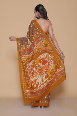 Kalamkari printed  cotton ethnic orange saree for woman 2