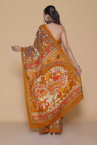 Kalamkari printed  cotton ethnic orange saree for woman