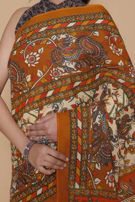 Kalamkari printed  cotton ethnic orange saree for woman 3