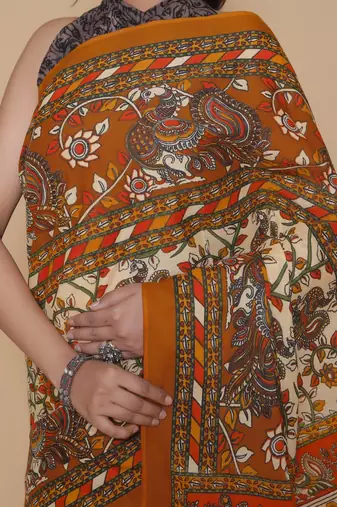 Kalamkari printed  cotton ethnic orange saree for woman