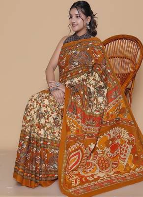 Kalamkari printed  cotton ethnic orange saree for woman 4