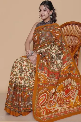 Kalamkari printed  cotton ethnic orange saree for woman