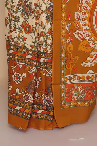 Kalamkari printed  cotton ethnic orange saree for woman