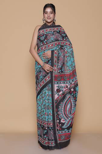 Kalamkari printed pure cotton ethnic teal saree for woman