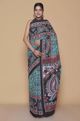 Kalamkari printed pure cotton ethnic teal saree for woman