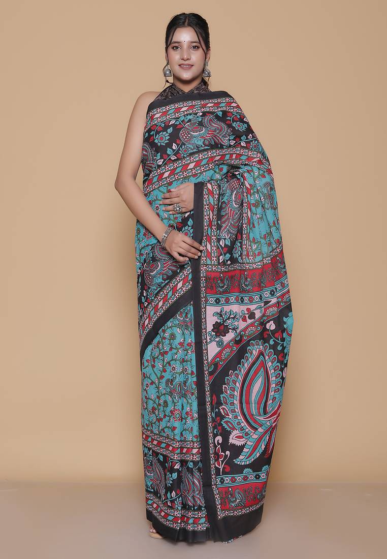 Kalamkari printed pure cotton ethnic teal saree for woman