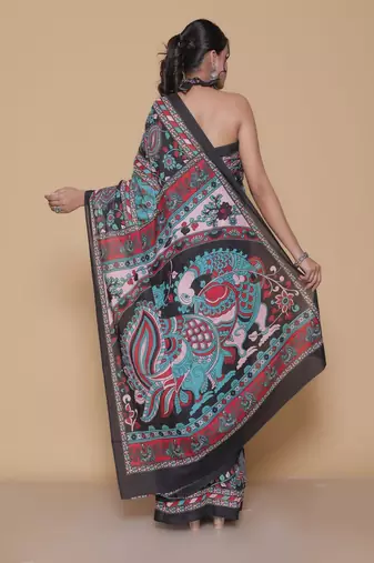 Kalamkari printed  cotton ethnic teal saree for woman