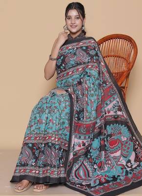 Kalamkari printed cotton ethnic teal saree for woman 4