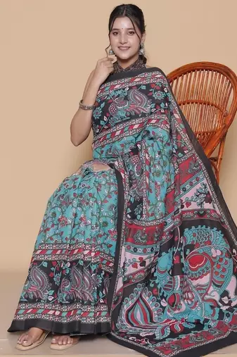 Kalamkari printed  cotton ethnic teal saree for woman