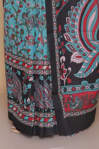 Kalamkari printed  cotton ethnic teal saree for woman
