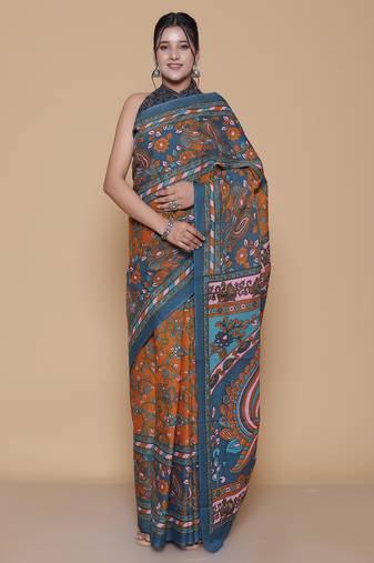Kalamkari printed pure cotton ethnic blue saree for woman