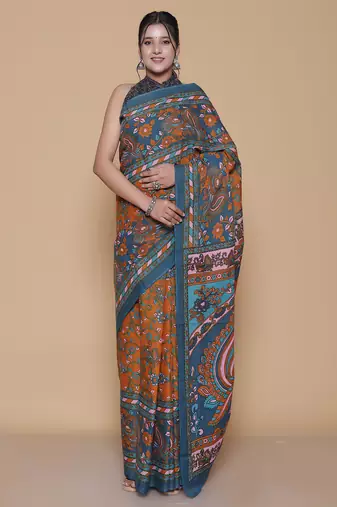 Kalamkari printed pure cotton ethnic blue saree for woman