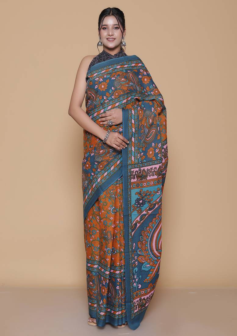 Kalamkari printed pure cotton ethnic blue saree for woman