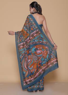 Kalamkari printed cotton ethnic blue saree for woman 2