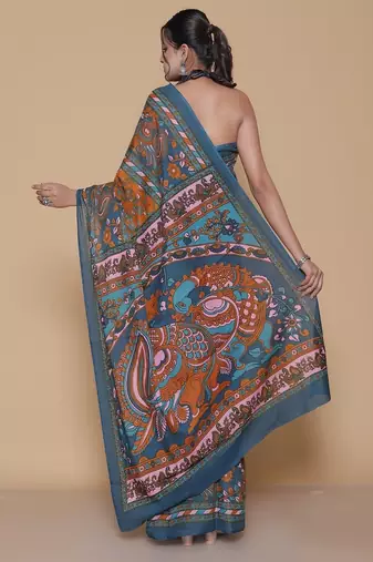 Kalamkari printed  cotton ethnic blue saree for woman