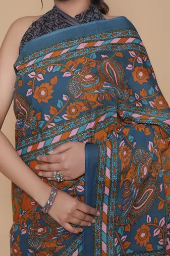 Kalamkari printed  cotton ethnic blue saree for woman