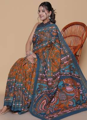 Kalamkari printed cotton ethnic blue saree for woman 4