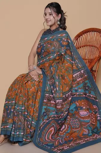 Kalamkari printed  cotton ethnic blue saree for woman