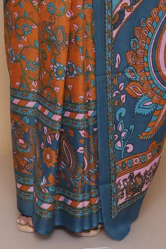 Kalamkari printed  cotton ethnic blue saree for woman