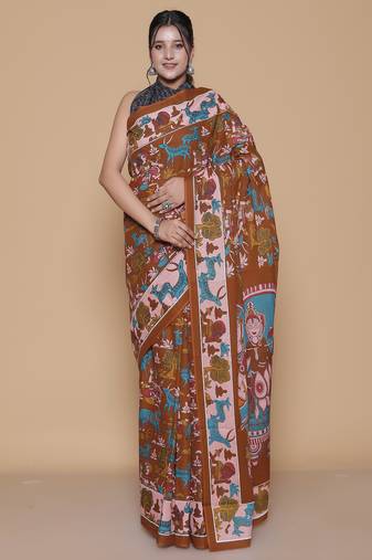 Kalamkari printed pure cotton ethnic red saree for woman