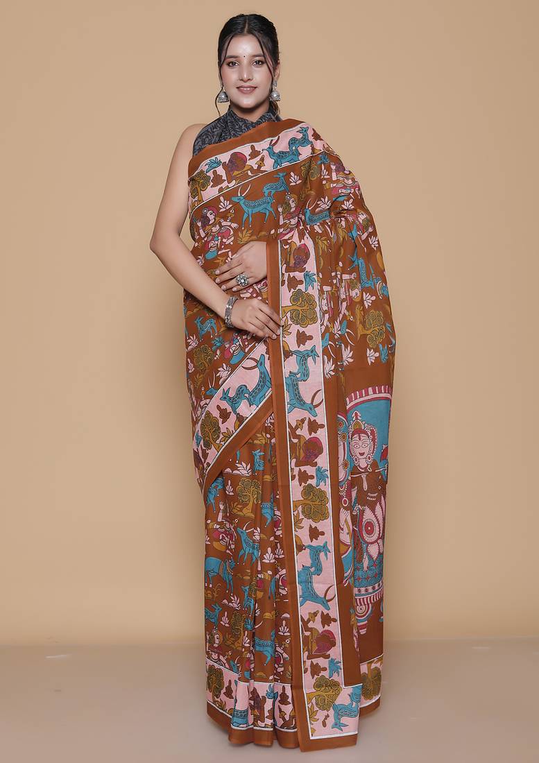 Kalamkari printed pure cotton ethnic red saree for woman