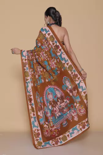 Kalamkari printed  cotton ethnic red saree for woman