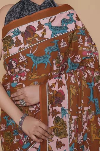 Kalamkari printed  cotton ethnic red saree for woman