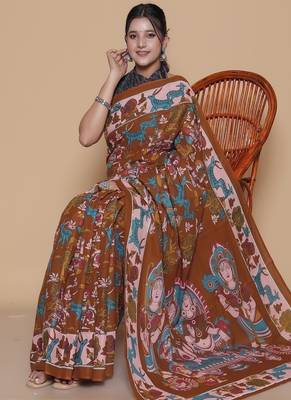 Kalamkari printed  cotton ethnic red saree for woman 4