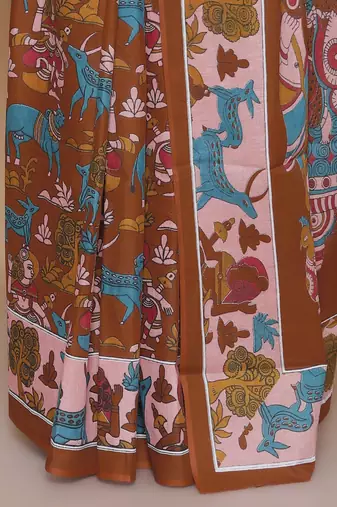 Kalamkari printed  cotton ethnic red saree for woman