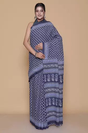 Kalamkari printed pure cotton ethnic blue saree for woman