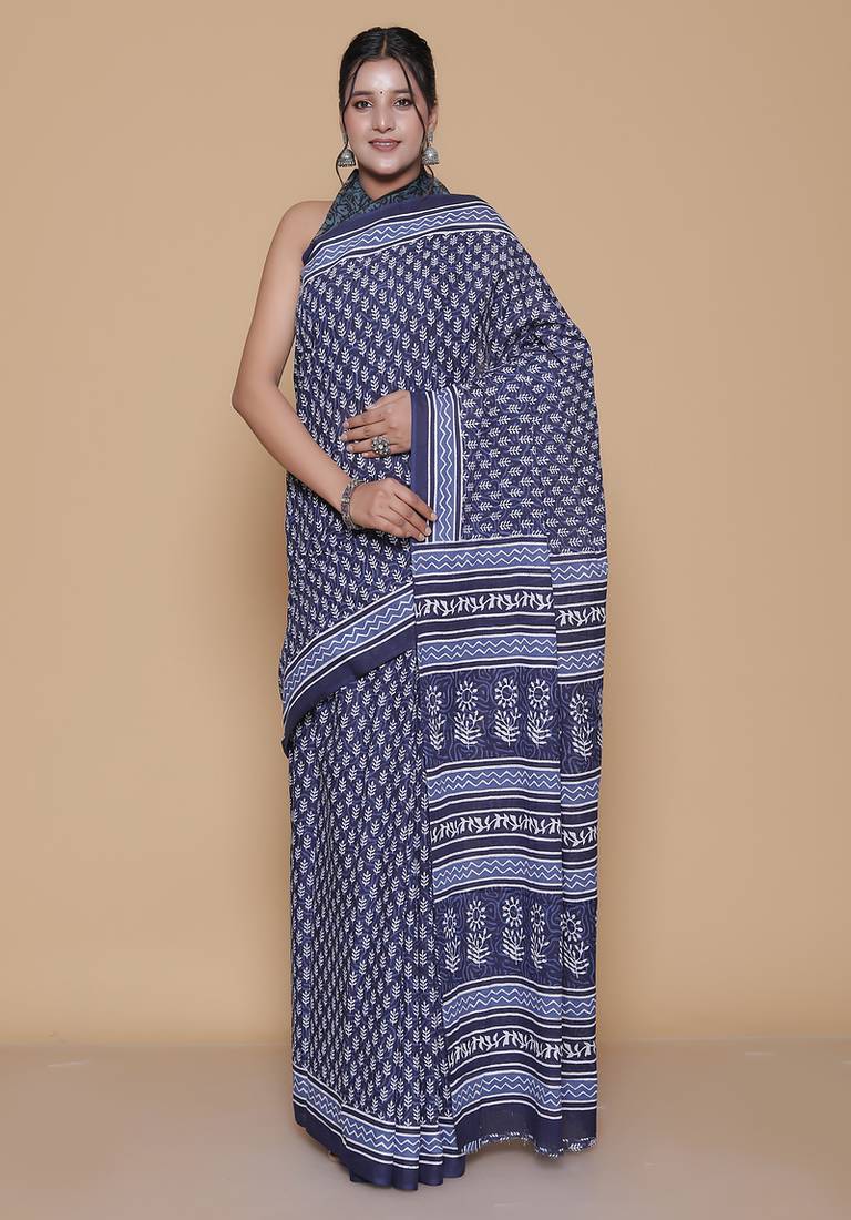 Kalamkari printed pure cotton ethnic blue saree for woman