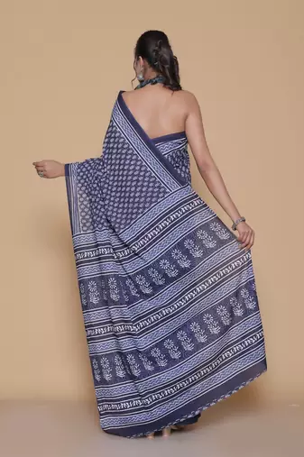 Kalamkari printed  cotton ethnic blue saree for woman
