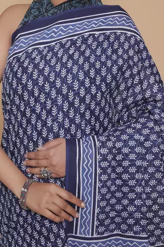 Kalamkari printed  cotton ethnic blue saree for woman