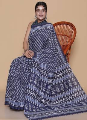 Kalamkari printed  cotton ethnic blue saree for woman 4