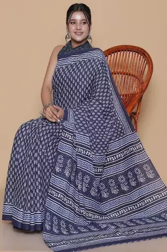 Kalamkari printed  cotton ethnic blue saree for woman
