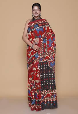 Kalamkari printed  cotton ethnic red saree for woman 1