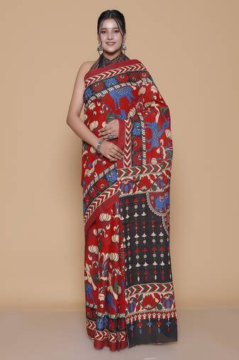 Kalamkari printed pure cotton ethnic red saree for woman