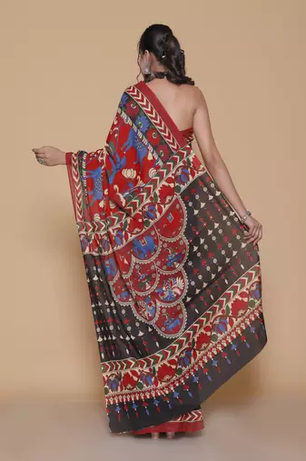 Kalamkari printed  cotton ethnic red saree for woman