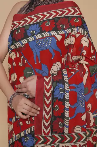 Kalamkari printed  cotton ethnic red saree for woman