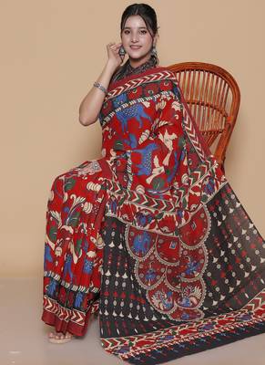 Kalamkari printed  cotton ethnic red saree for woman 4