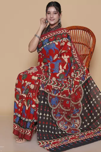 Kalamkari printed  cotton ethnic red saree for woman