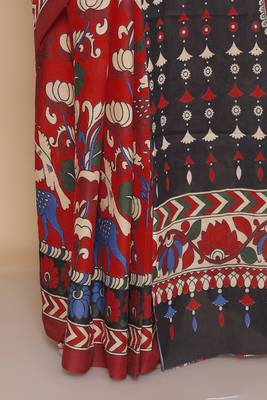 Kalamkari printed  cotton ethnic red saree for woman 5