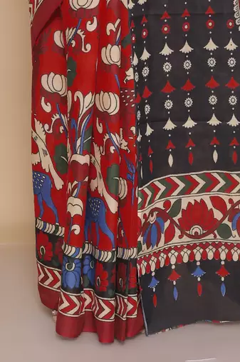 Kalamkari printed  cotton ethnic red saree for woman