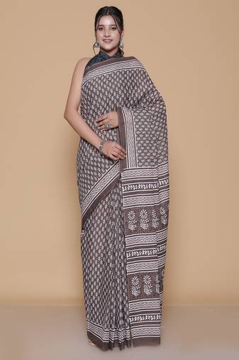 Kalamkari printed pure cotton ethnic brown saree for woman