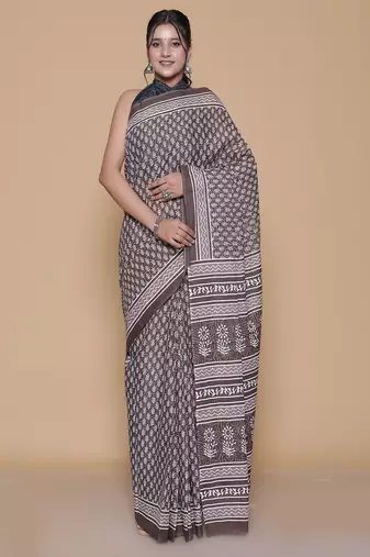 Kalamkari printed pure cotton ethnic brown saree for woman