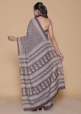 Kalamkari printed  cotton ethnic brown saree for woman 2