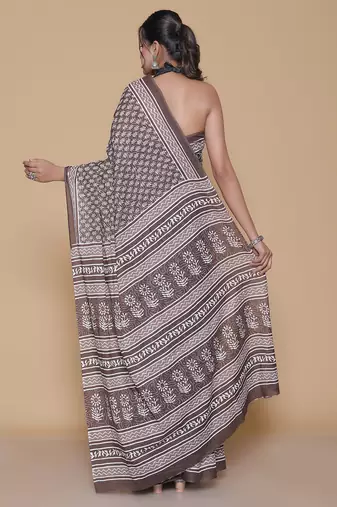 Kalamkari printed  cotton ethnic brown saree for woman